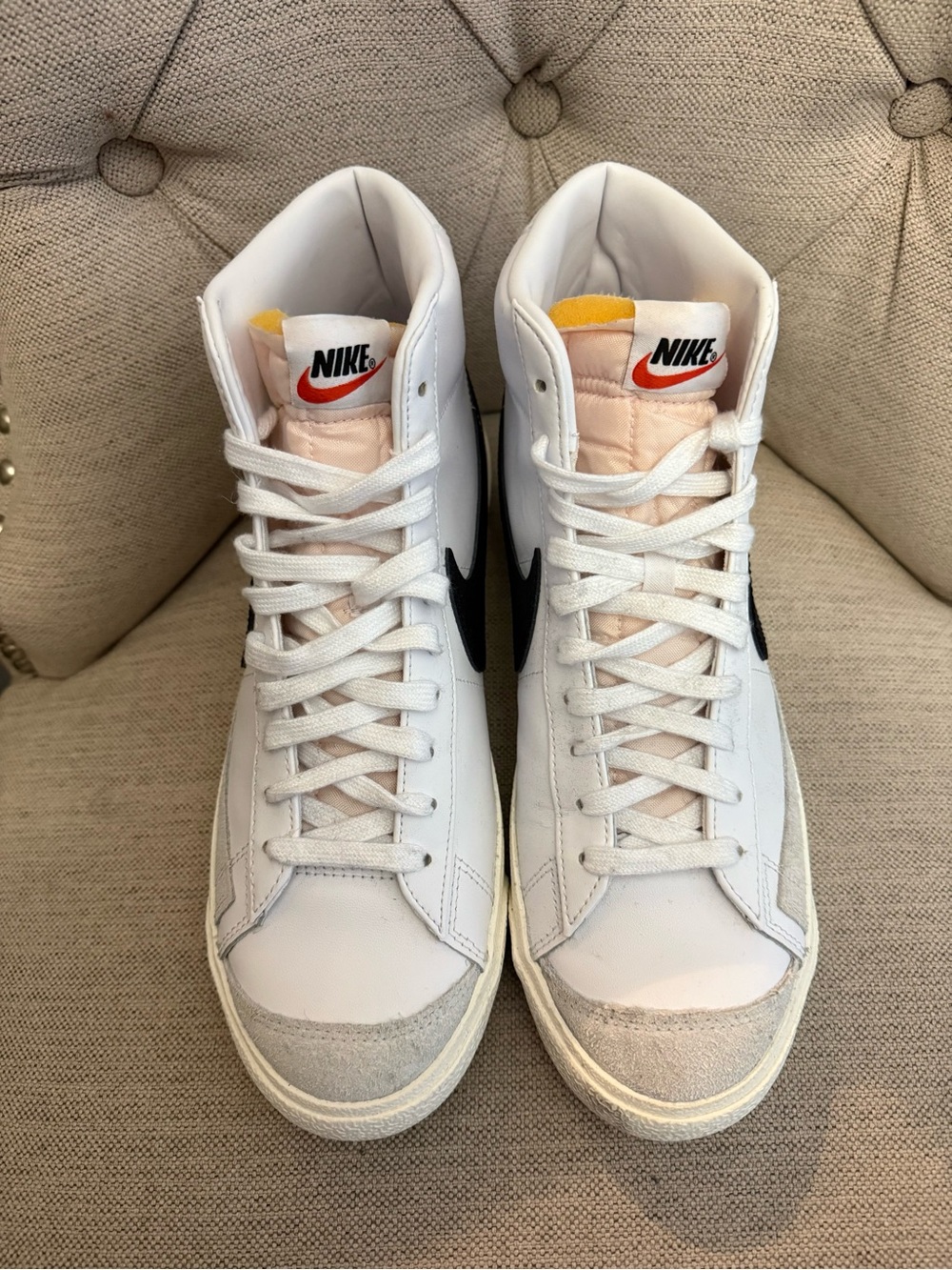 Nike High-Top Blazers. White and Black Swoosh and Peach Tongue Accents